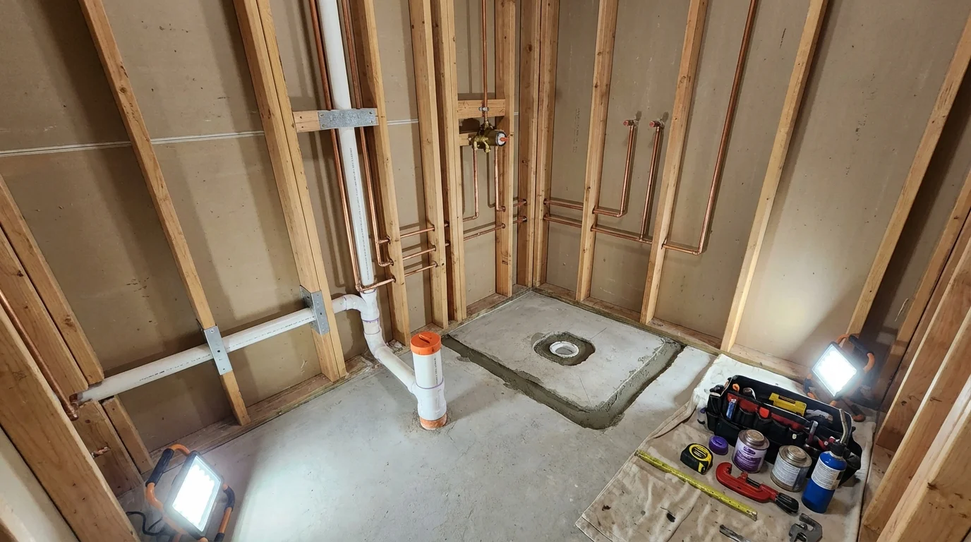 Bathroom rough-in plumbing during remodel by Johns Plumbing LLC in Carville