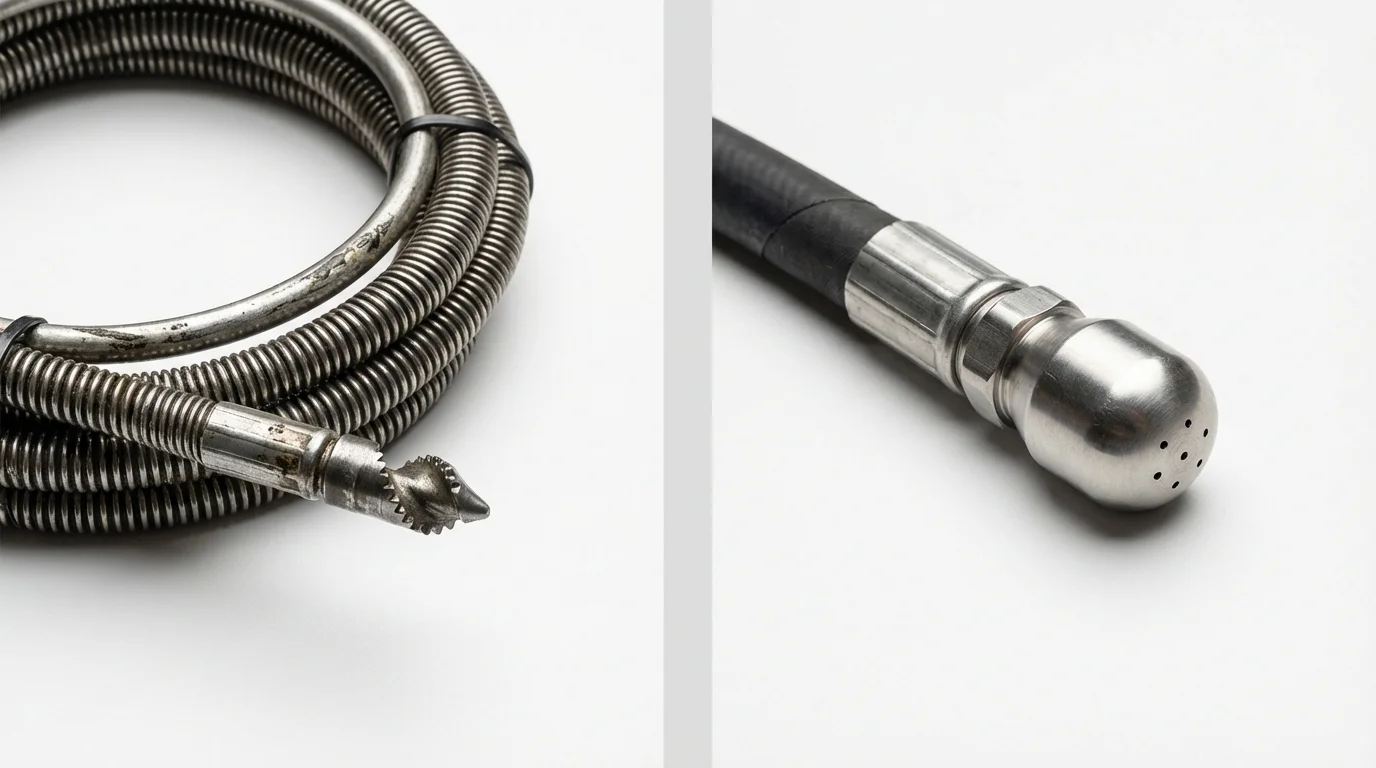Drain snake cable and hydro jetting nozzle used for drain cleaning in Carville, LA