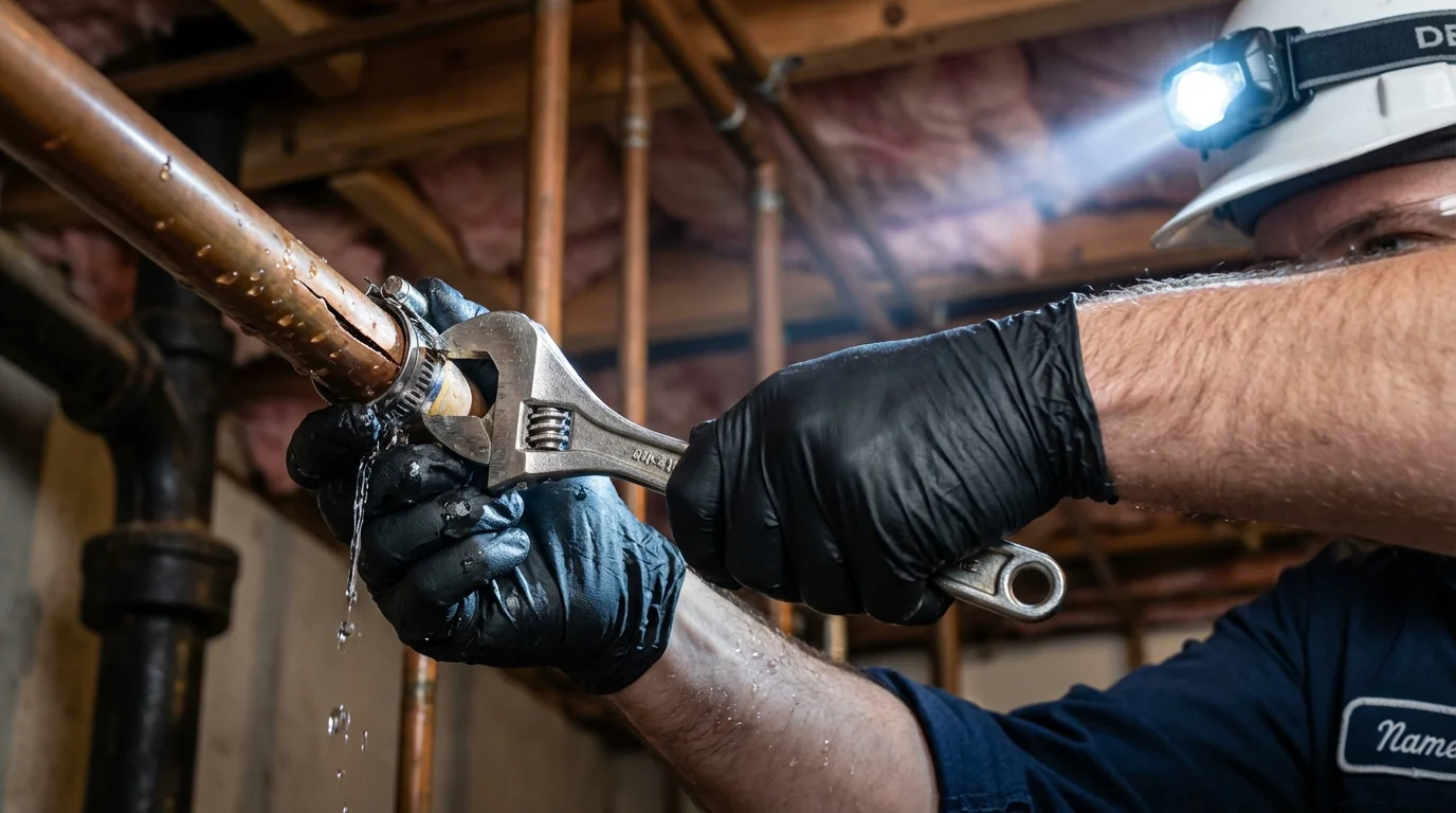 Emergency pipe clamp repair being performed by a Johns Plumbing LLC plumber in Carville