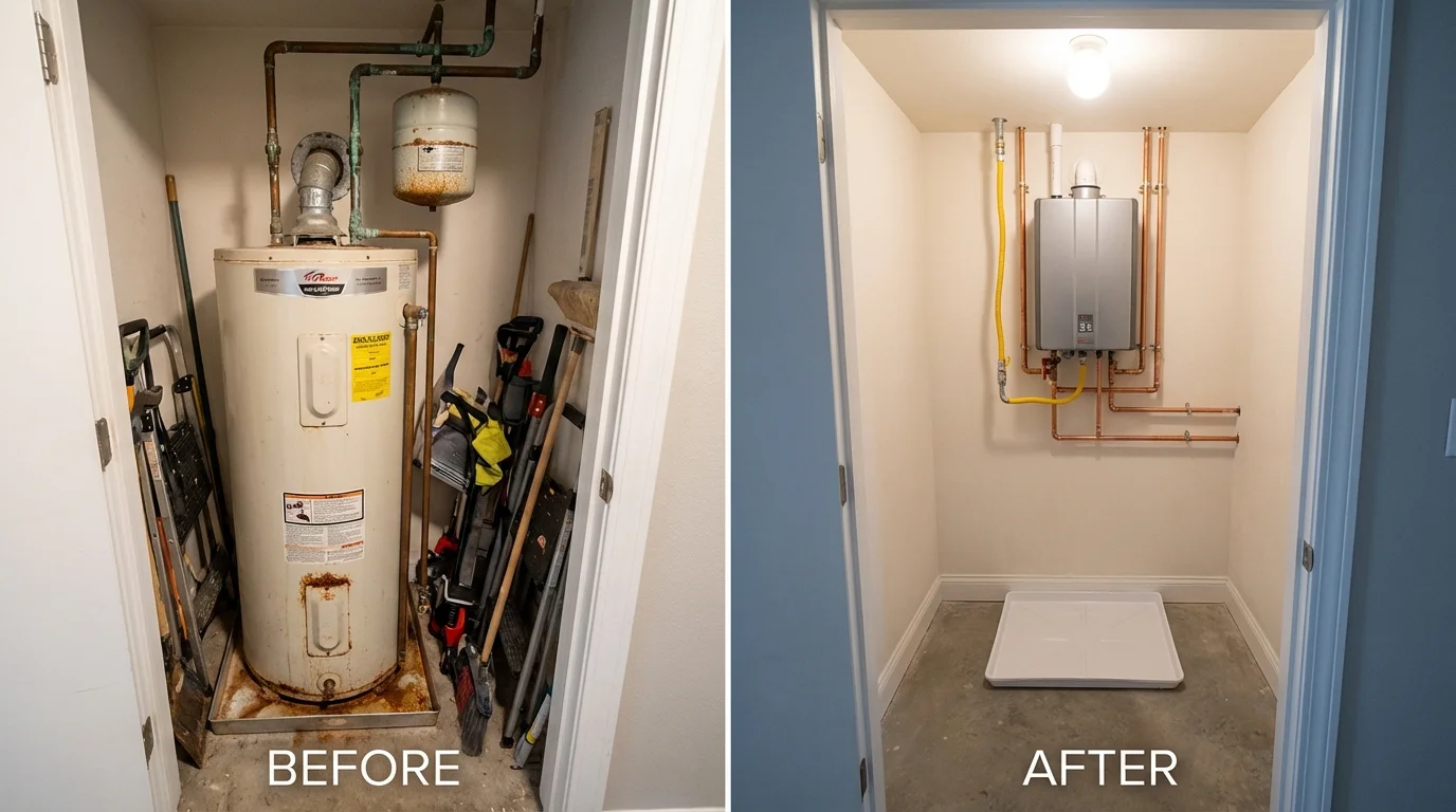 Tank water heater versus wall-mounted tankless unit comparison for Carville, LA homeowners
