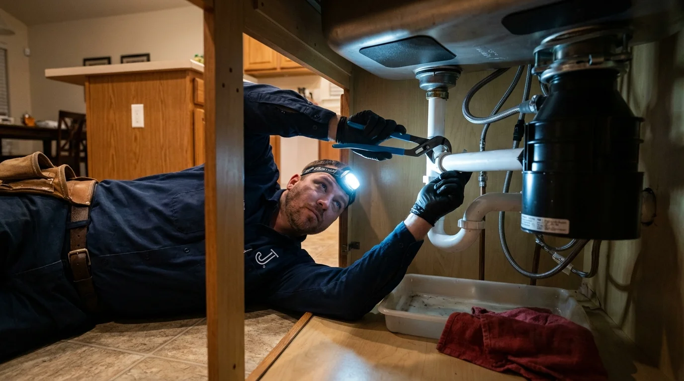 P-trap and supply line connections under a kitchen sink showing a common leak point in Carville, LA